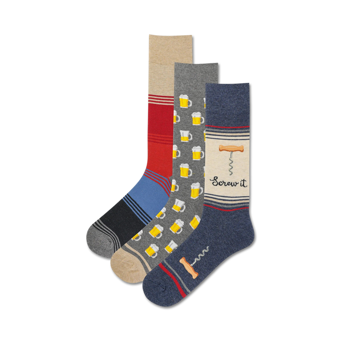 blue, gray and red men's crew socks have a pattern of beer mugs and corkscrews.   }}
