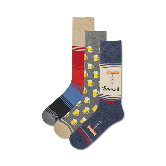 Three crew socks: one navy blue with a corkscrew design, one gray with beer mugs, and one red and blue striped. All socks feature fun designs. }}