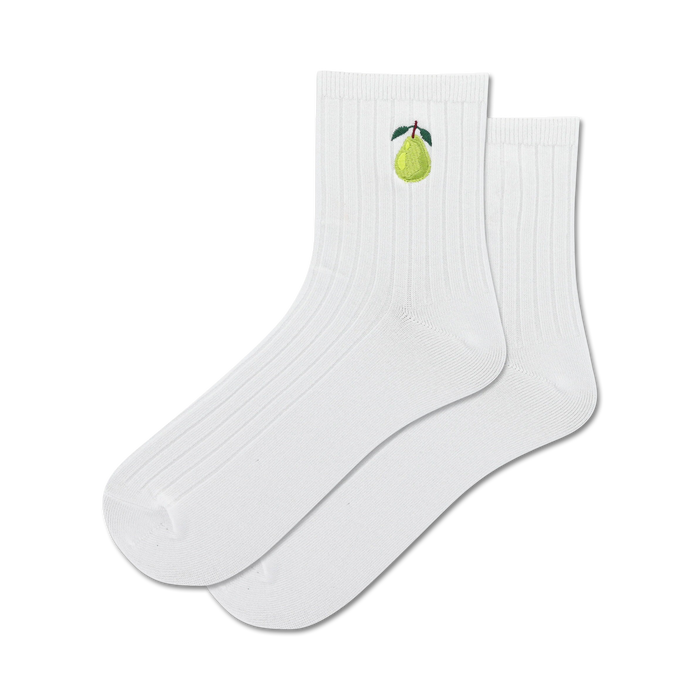 Pair of white ribbed crew socks with a small embroidered green pear on each sock. }}