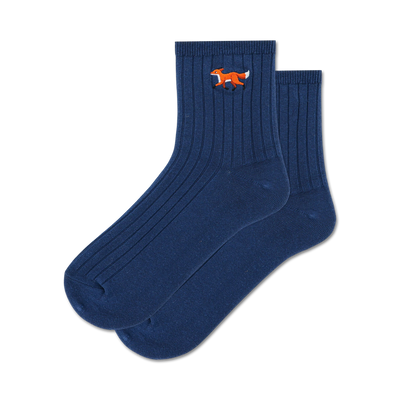 Pair of navy blue ribbed ankle socks with an embroidered orange fox design.