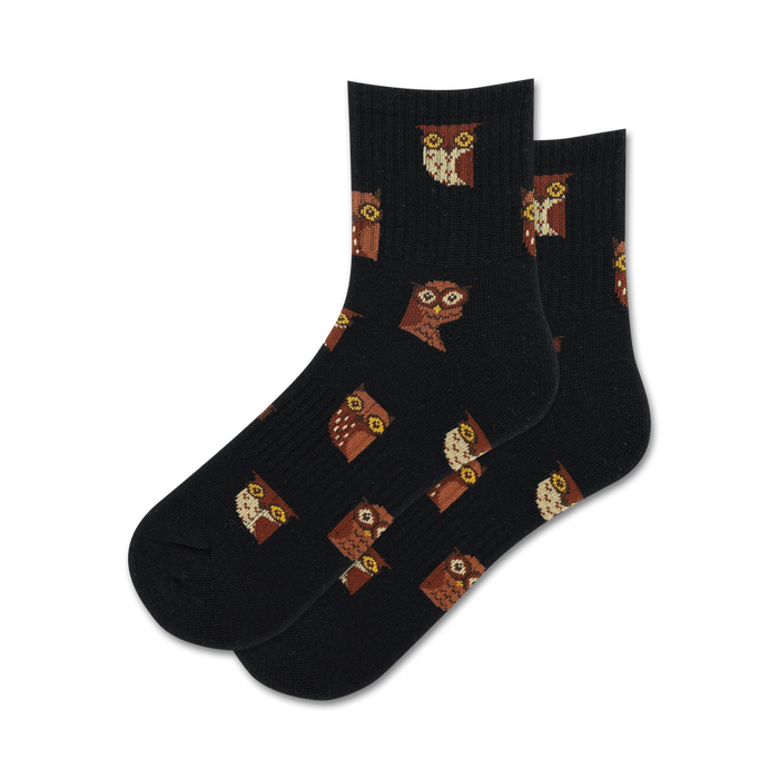 black ankle socks with all-over brown and white cartoon owl pattern. for women.  }}