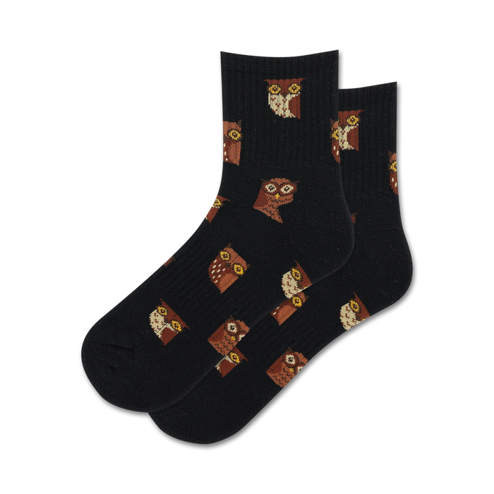 Pair of black crew socks with a repeating pattern of brown owls. Cute and comfy! }}