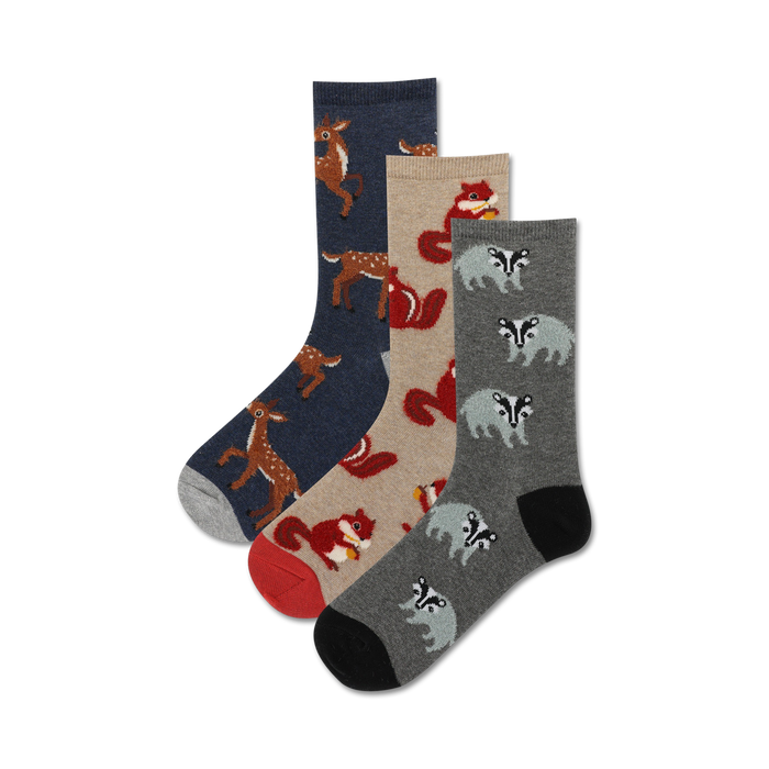 blue, brown, and gray crew socks with deer, raccoon, and badger patterns for women.   }}