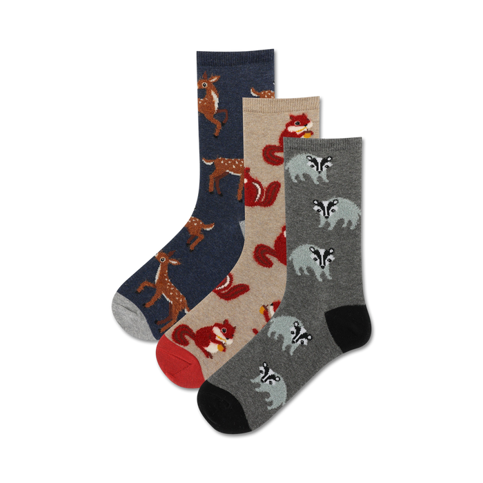 Three crew socks: navy with deer, beige with squirrels, gray with badgers.  Fuzzy, wintery woodland animal designs. }}