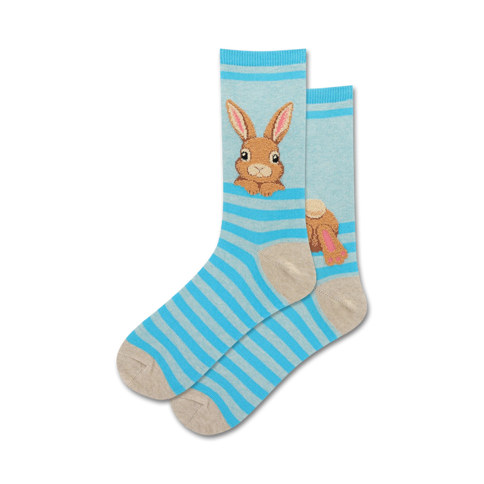 blue crew socks with brown and pink bunny pattern for women   }}