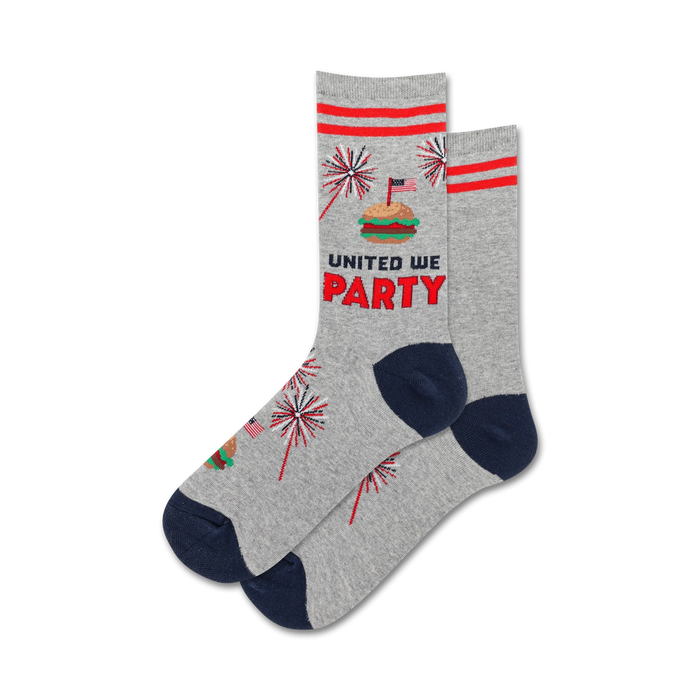 crew length socks in soft gray with a fun pattern of hamburgers, hot dogs, and fireworks. perfect for celebrating the 4th of july.    }}