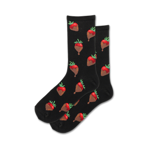 Pair of black crew socks with a repeating pattern of chocolate-covered strawberries.