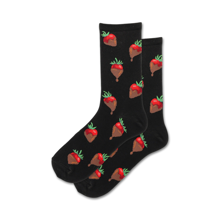Pair of black crew socks with a repeating pattern of chocolate-covered strawberries.