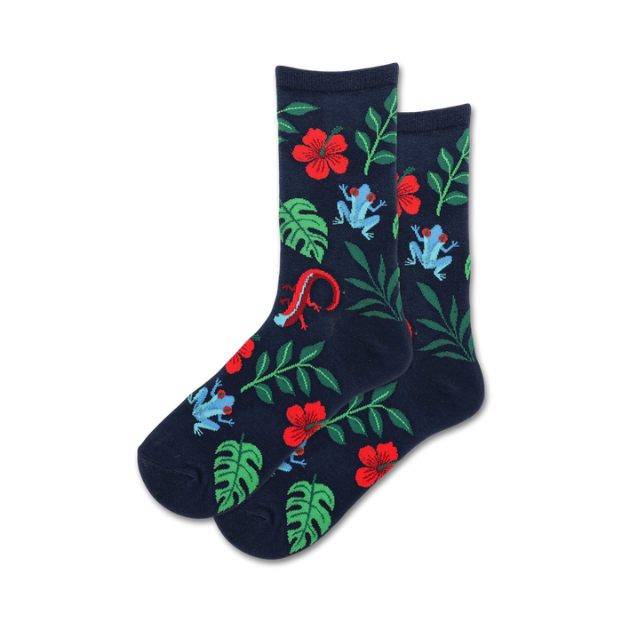Pair of navy blue crew socks featuring red hibiscus flowers, blue tree frogs, a red lizard, and green leaves. }}