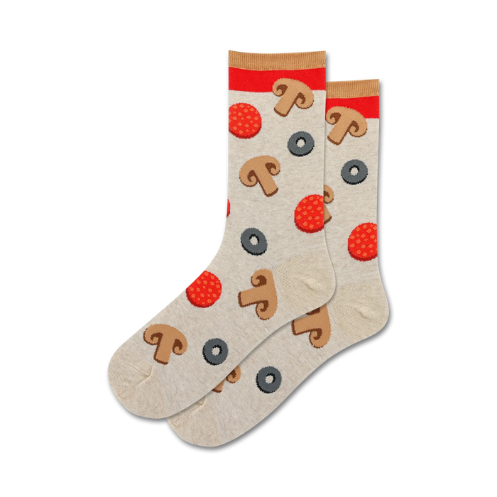Pair of beige crew socks with red pepperoni, brown mushrooms, and black olive pizza toppings. Red and beige cuffs. }}