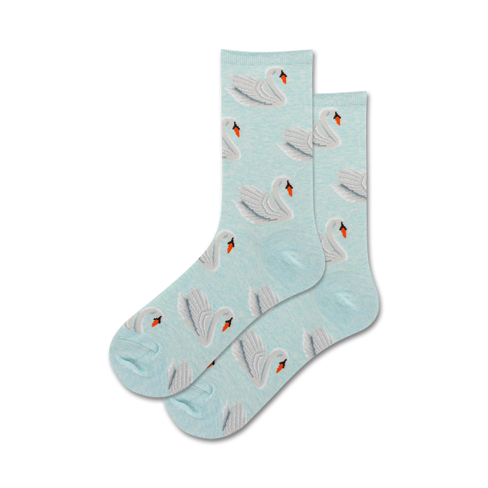 light blue crew socks featuring white swans with orange beaks and feet.   }}