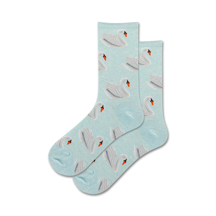 Pair of light blue crew socks with a repeating pattern of white swans and orange beaks. }}