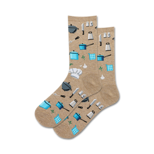 Lifestyle shot of a person wearing the tan Chef Tools socks.