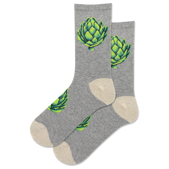 Pair of grey crew socks with lime green artichoke designs. A fun, quirky and stylish addition to any wardrobe. }}