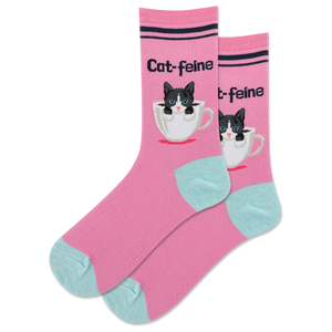 Lifestyle shot of Cat-Feine socks on a model's feet, showing the socks in action.
