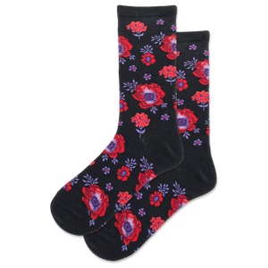 Pair of women's crew socks in black and red, featuring a poppy floral print.
