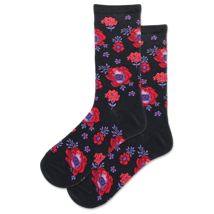 Pair of women's crew socks in black and red, featuring a poppy floral print.