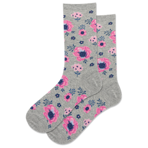 Pair of women's crew socks in grey featuring a pink and blue poppy floral print.