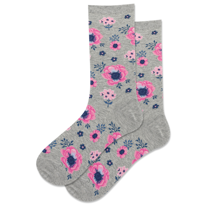 Pair of women's crew socks in grey featuring a pink and blue poppy floral print.