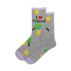 Pair of grey crew socks with purple cuffs. The socks have the same pickleball design as the beige socks, but in a different color scheme.
