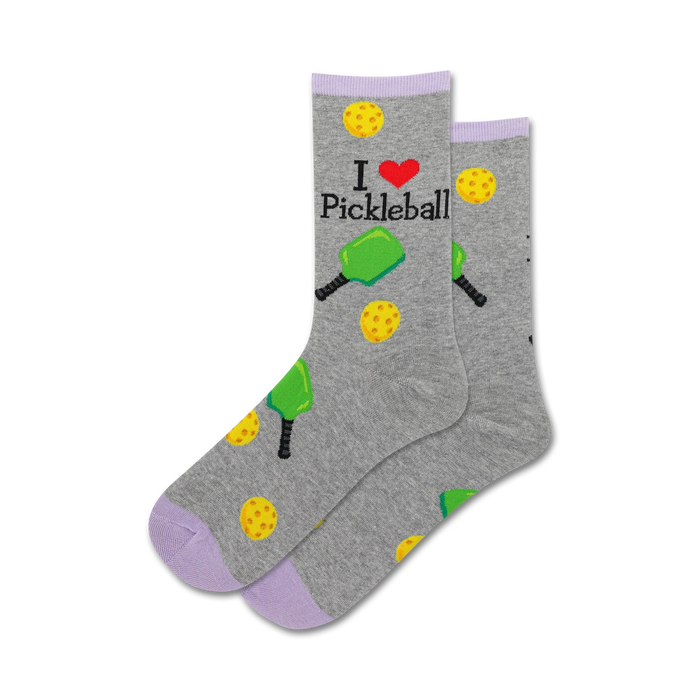 Pair of grey crew socks with purple cuffs. The socks have the same pickleball design as the beige socks, but in a different color scheme.