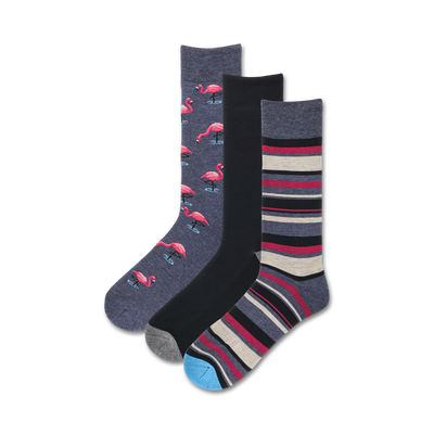 Three crew socks: one with pink flamingos on a navy background, one black, and one with grey, burgundy and beige stripes.