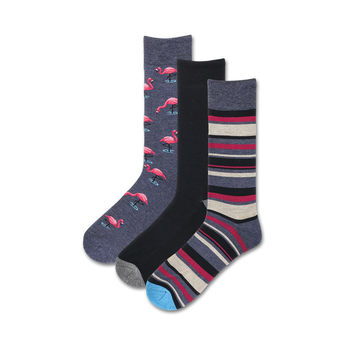 3 pair mens' crew socks in black, grey and dark grey with pink flamingo and stripe designs    }}