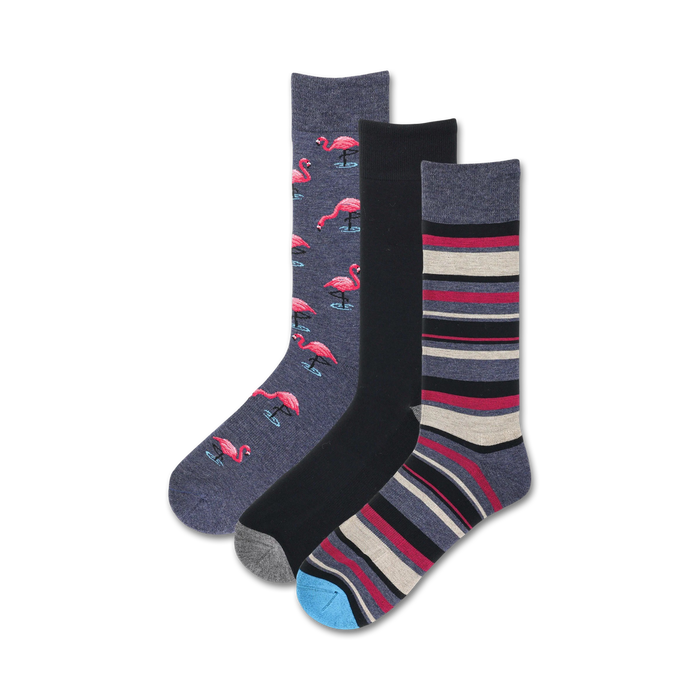 Three crew socks: one with pink flamingos on a navy background, one black, and one with grey, burgundy and beige stripes. }}