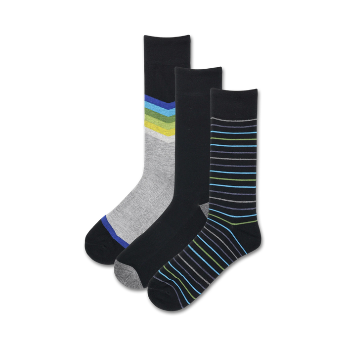 3-pack men's socks in black, gray, and black with green and blue stripes and chevron pattern.  