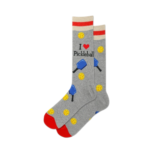 Pair of grey crew socks with red and white stripes. Features a graphic that says 'I love Pickleball', along with illustrations of paddles and pickleballs.