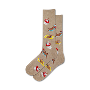 Pair of tan crew socks with a repeating pattern of cartoon dogs lounging on beach towels and in inflatable rings.