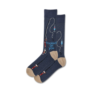 men's dark blue crew socks featuring a pattern of fish hooks, fishing lines, lures, and the words 
