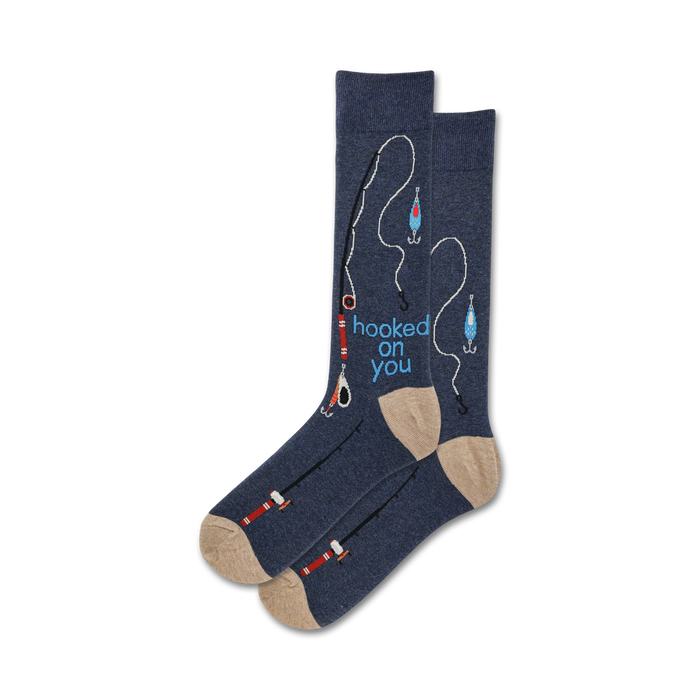 men's dark blue crew socks featuring a pattern of fish hooks, fishing lines, lures, and the words 