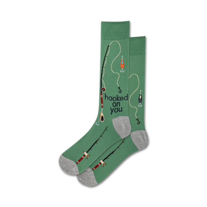 green crew socks with fishing rods, fish hooks, and 