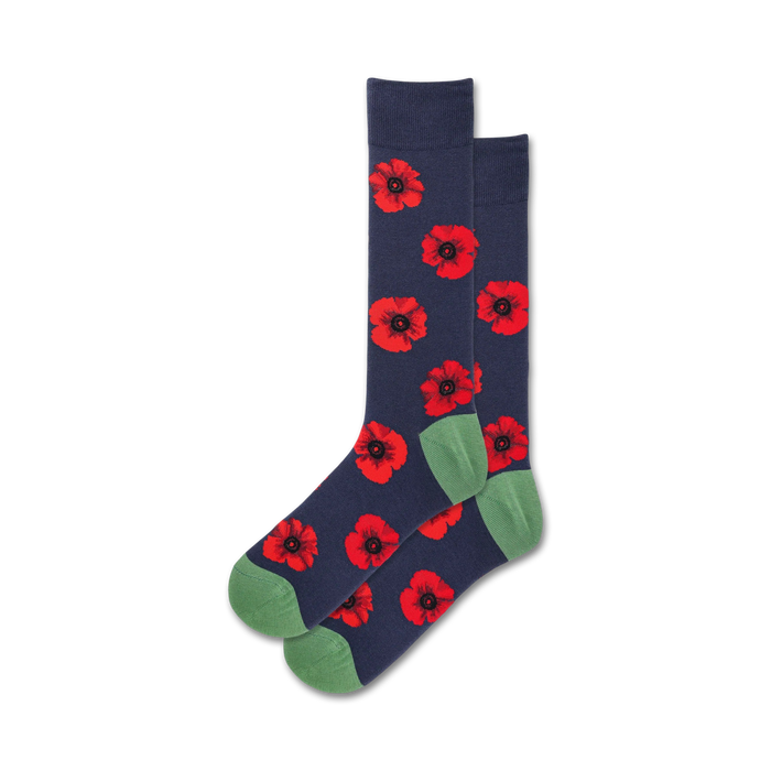 dark blue crew socks for men with pattern of red flowers with yellow centers and green stems and leaves (floral themed).  