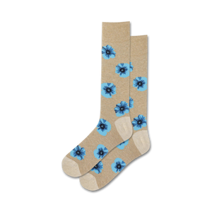 light brown crew socks with a blue flower pattern for men.  