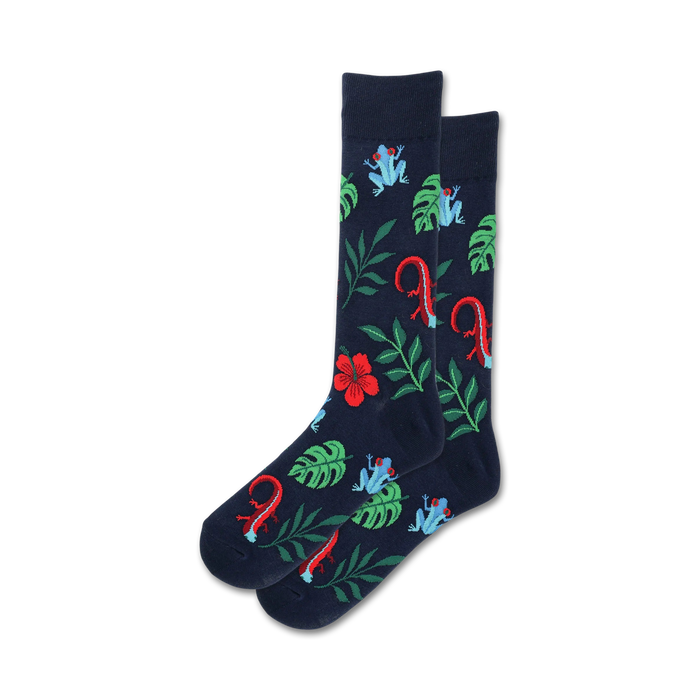 dark blue crew socks featuring a pattern of red and blue flowers, green leaves, and orange and blue frogs and lizards.    }}