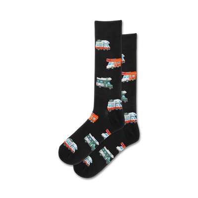 Pair of black crew socks with colorful camper van illustrations.