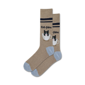 Close-up product shot of a pair of tan Cat-Feine socks with light blue cuffs.  The socks feature the same kitten-in-a-coffee-cup design, but on a beige background.