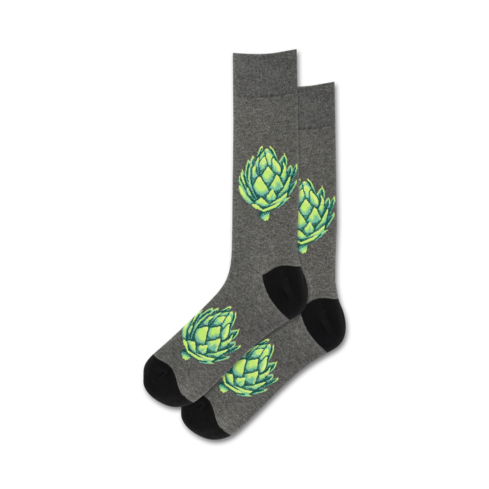 mens' crew-length gray cotton socks with a green artichoke pattern.   }}