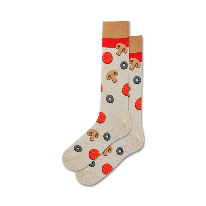 Pair of grey crew socks with pizza toppings. Red pepperoni, brown mushrooms, and black olives are featured on a light grey background. }}