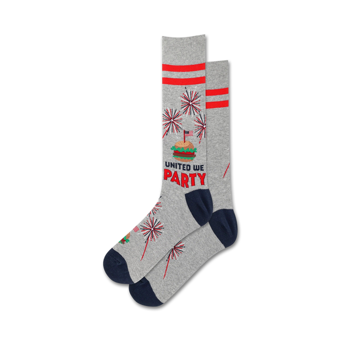 gray crew socks with red and blue striped cuffs, american flag hamburger and fireworks pattern, 