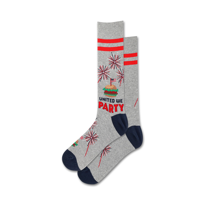 Pair of crew socks in grey with red and blue fireworks, a burger with a tiny American flag, and the text 'United We Party'. }}