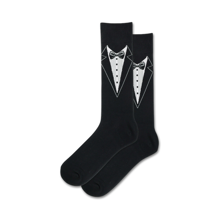 black crew socks with a tuxedo pattern, perfect for weddings.    }}