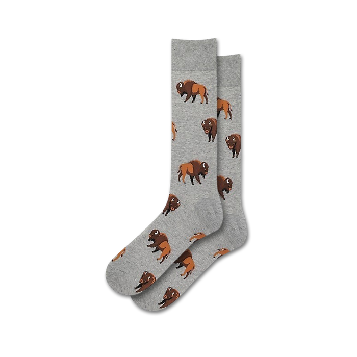 Pair of gray crew socks with a repeating pattern of brown buffalo illustrations. }}