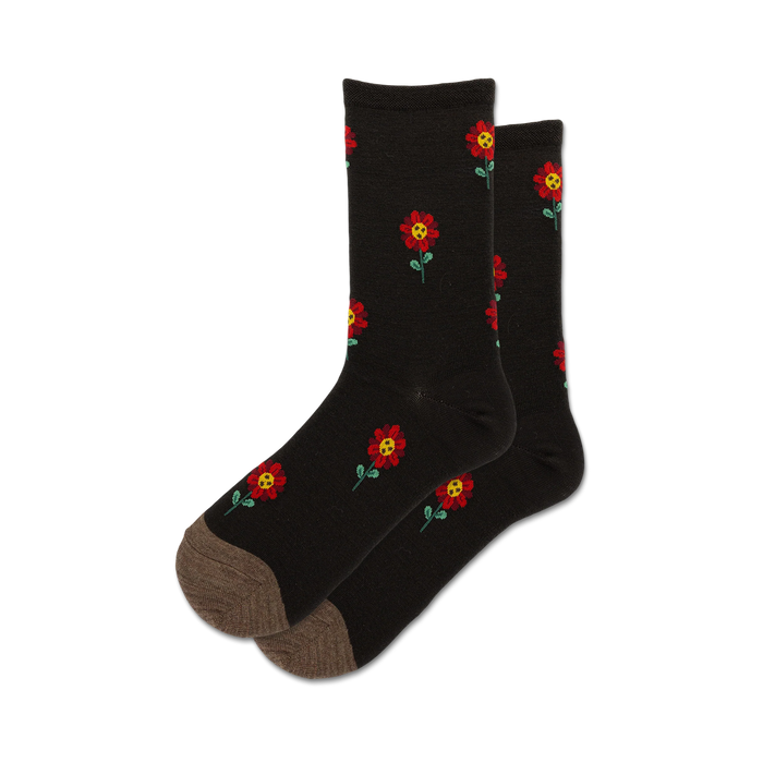  women's crew socks with red flower pattern on black background. floral theme.    }}