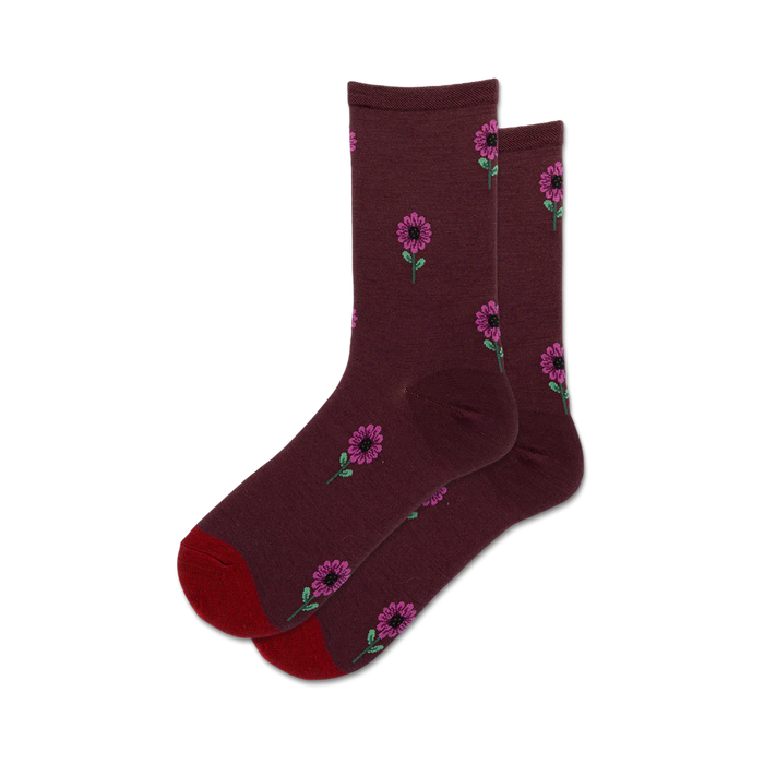 dark red wool crew length socks with light purple flowers and dark purple centers, green stems and leaves. perfect for women who love florals.    }}