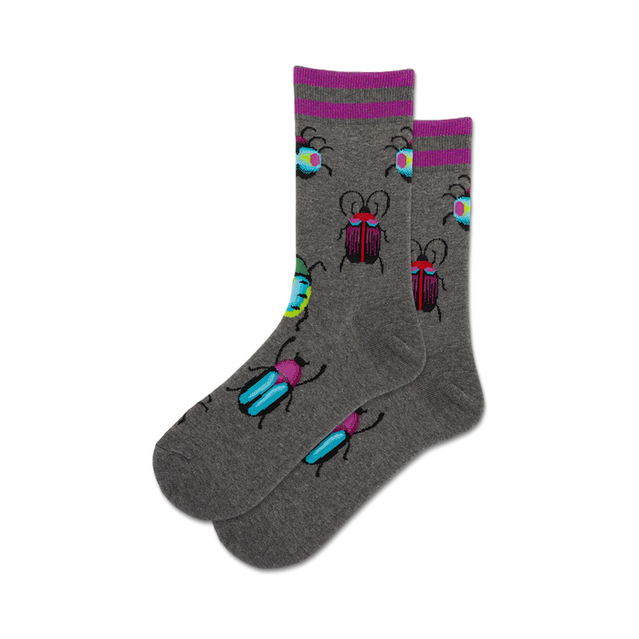 Pair of grey crew socks with purple cuffs and colorful metallic bug designs. The bugs are teal, pink, and purple. }}