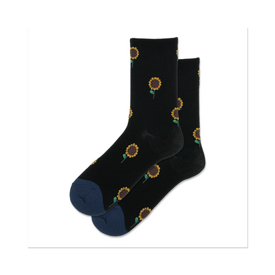 Pair of black crew socks with small sunflower designs.  Navy blue cuffs.  Cute and comfy!