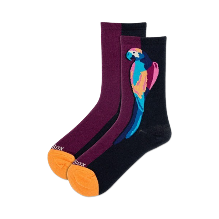 Pair of crew socks; one sock is dark purple, the other half is navy blue. A colorful parrot design is printed on the navy side. }}
